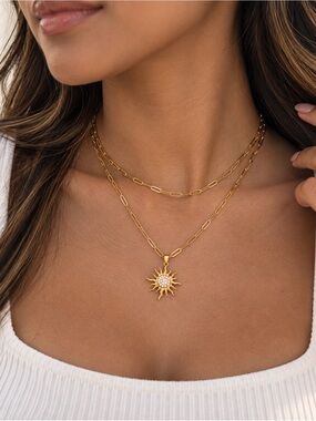 18K Gold Plated Double Layer Sun Pendant Necklace